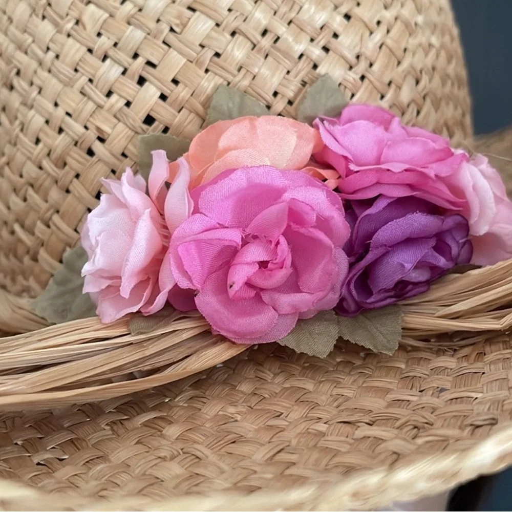 Natural Straw Western Brim Hat with Flowers